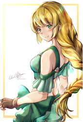  absurdres artist_name ass bare_shoulders bikini bikini_shorts blonde_hair blush braid breasts butt_crack clear_glass_(mildmild1311) closed_mouth duplicate female fingerless_gloves fire_emblem fire_emblem:_three_houses fire_emblem_heroes fish gloves hair_ornament highres ingrid_brandl_galatea ingrid_brandl_galatea_(summer) lips long_hair looking_at_viewer looking_back medium_breasts off-shoulder_bikini off_shoulder official_alternate_costume outside_border pixel-perfect_duplicate shiny_skin shorts simple_background single_braid smile solo standing swimsuit tied_hair twitter_username upper_body very_long_hair white_background 