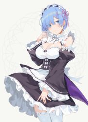  cleavage ikomochi maid possible_duplicate re_zero_kara_hajimeru_isekai_seikatsu rem_(re_zero) skirt_lift stockings thighhighs 