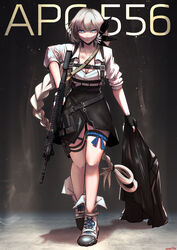  absurdres apc556_(girls&#039;_frontline) assault_rifle b&amp;t_apc556 black_gloves black_skirt blue_eyes braid breasts female fingerless_gloves full_body girls&#039;_frontline gloves gun highres holding holding_gun holding_weapon long_braid long_hair medium_breasts radish_p rifle shirt single_braid skirt solo standing very_long_hair weapon white_hair white_shirt 