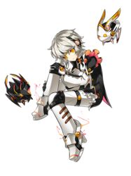  android artist_request code:_unknown_(elsword) earpiece elsword eve_(elsword) expressionless facial_mark female forehead_jewel frills full_body gloves grey_hair hand_on_leg highres leg_up looking_at_viewer moby_(elsword) official_art remy_(elsword) short_hair solo transparent_background yellow_eyes 