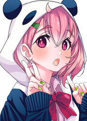  akegata_tobari animal_ear_hood animal_ears animal_hood black_hoodie bow bowtie bright_pupils collared_shirt earrings fake_animal_ears female green_nails hair_between_eyes hair_ornament hairclip highres hood hoodie index_finger_raised jewelry long_sleeves looking_at_viewer looking_to_the_side nail_polish nijisanji open_clothes open_hoodie open_mouth panda_ears panda_hood pink_hair pink_shirt portrait purple_eyes red_bow sasaki_saku sasaki_saku_(1st_costume) shirt short_hair simple_background sleeves_past_wrists solo v virtual_youtuber white_background white_hoodie 