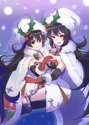  2girls bell black_hair black_legwear blush breasts cape christmas cleavage cloak closed_mouth dual_persona elbow_gloves fur-trimmed_cape fur-trimmed_cloak fur-trimmed_gloves fur-trimmed_headwear fur_trim garter_straps gloves hair_between_eyes hair_ornament hat highres holly holly_hair_ornament illya_(christmas)_(princess_connect!) illya_(princess_connect!) illya_(small)_(princess_connect!) jingle_bell large_breasts layered_gloves leotard long_hair looking_at_viewer multiple_girls official_alternate_costume open_mouth princess_connect! red_eyes red_gloves santa_hat shimon_(31426784) small_breasts smile thighhighs thighs very_long_hair white_cape white_gloves white_hat white_leotard 