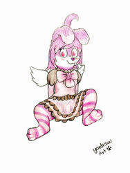  absurd_res anthro bottomwear bottomwear_down clothing female hi_res lagomorph leporid mammal paws paws_in_socks rabbit shy skirt skirt_down smile solo spread_legs spreading wings yordraw 