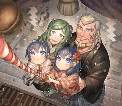  2boys 2girls animal blonde_hair blue_eyes blue_hair brother_and_sister byleth_(female)_(fire_emblem) byleth_(fire_emblem) byleth_(male)_(fire_emblem) commentary_request family father_and_daughter father_and_son feline fire_emblem fire_emblem:_three_houses green_hair highres husband_and_wife japanese_clothes jeralt_reus_eisner kimono korokoro_daigorou lifting_person lolicon looking_at_viewer mother_and_daughter mother_and_son multiple_boys multiple_girls siblings sitri_(fire_emblem) smile twins 