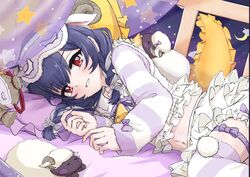  animal_ears bed bed_sheet black_hair blush bow bowtie braid commentary_request fake_animal_ears female frills highres horns howaso idolmaster idolmaster_shiny_colors long_sleeves looking_at_viewer lying medium_hair midriff moon morino_rinze navel pajamas pillow pom_pom_(clothes) purple_pajamas red_eyes see-through sheep sheep_ears sheep_horns sky smile solo star_(sky) starry_sky striped_clothes striped_pajamas striped_thighhighs stuffed_toy thigh_strap thighhighs window 