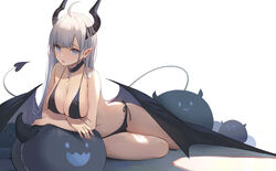  absurdres ahoge armpit_crease bad_id bad_twitter_id bare_arms bare_shoulders bikini black_bikini black_choker blue_eyes breast_rest breasts choker cleavage commentary demon_girl demon_horns demon_tail demon_wings female hair_on_horn highres horns large_breasts long_hair looking_at_viewer navel nekojira original parted_lips pointy_ears side-tie_bikini_bottom sidelocks simple_background sitting skindentation solo stomach string_bikini stuffed_animal stuffed_toy swimsuit symbol-only_commentary tail thea_(nekojira) thighs white_background white_hair wings yokozuwari 