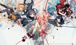  5girls absurdres akemi_homura akemi_homura_(magical_girl) anthony_(madoka_magica) benghuai_xueyuan black_hair blonde_hair blue_eyes blue_hair ciloranko commentary copyright_notice dress drill_hair flower food frilled_dress frills hat highres holding holding_weapon honkai_(series) kaname_madoka kaname_madoka_(magical_girl) long_hair magical_girl mahou_shoujo_madoka_magica mahou_shoujo_madoka_magica_(anime) midair miki_sayaka miki_sayaka_(magical_girl) multiple_girls official_art pink_hair ponytail purple_eyes red_hair ribbon sakura_kyoko sakura_kyoko_(magical_girl) short_hair skirt smile sweets symbol-only_commentary thighhighs tomoe_mami tomoe_mami_(magical_girl) twin_drills twintails weapon 