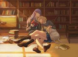  2girls alice_margatroid alternate_costume bag black_legwear blonde_hair book book_stack closed_eyes hairband jewelry long_hair long_sleeves looking_to_the_side multiple_girls necktie pages patchouli_knowledge purple_eyes purple_hair ring school_uniform shelf shoes short_hair sleeping slms sweatdrop sweater swept_bangs touhou unworn_headwear 