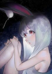  animal_ears breasts closed_mouth feet_out_of_frame female food fork from_side hair_over_shoulder hand_on_own_knee hands_on_own_legs knees_up lips long_hair looking_away mi8pq mochi nude original purple_hair rabbit_ears red_eyes sideboob sitting solo star_(sky) white_hair 