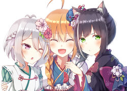  3girls :d ;o ^_^ absurdres ahoge alternate_costume alternate_hairstyle animal_ear_fluff animal_ears black_hair black_kimono blush braid cat_ears cat_girl closed_eyes commentary_request elf floral_print flower french_braid green_eyes green_kimono grey_hair hair_between_eyes hair_flower hair_ornament highres japanese_clothes karyl_(new_year)_(princess_connect!) karyl_(princess_connect!) kimono kokkoro_(new_year)_(princess_connect!) kokkoro_(princess_connect!) long_hair looking_at_viewer multicolored_hair multiple_girls one_eye_closed open_mouth orange_hair pecorine_(new_year)_(princess_connect!) pecorine_(princess_connect!) pink_eyes pointy_ears princess_connect! print_kimono shizuri_yuki short_hair simple_background single_braid smile streaked_hair two-tone_kimono upper_body white_background white_hair white_kimono 