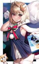  absurdres arcueid_brunestud artoria_pendragon_(fate) blonde_hair blu-ray_cover blue_capelet blush breasts capelet christmas cleavage closed_mouth cosplay cover crescent crescent_hair_ornament fate/grand_order fate_(series) female green_neckwear green_ribbons hair_ornament highres looking_at_viewer medium_breasts red_eyes ribbon santa_alter santa_alter_(cosplay) short_hair smile solo suou-sensei thighhighs tsukihime 