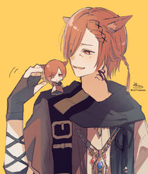  1boy absurdres animal_ear_fluff animal_ears archon_mark black_gloves braid brown_eyes brown_hair brown_shirt cat_boy cat_ears cat_tail character_doll chibi commentary_request crystal_exarch final_fantasy final_fantasy_xiv fingerless_gloves g&#039;raha_tia glint gloves hair_ornament hair_over_one_eye hand_up highres long_hair looking_at_another looking_to_the_side material_growth medallion miqo&#039;te on_shoulder shirt signature simple_background sitting sofra swept_bangs tail twitter_username upper_body x_hair_ornament yellow_background 