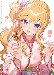  blonde_hair blue_eyes blush breasts dango female food highres idolmaster idolmaster_cinderella_girls japanese_clothes kimono large_breasts long_hair long_sleeves looking_at_viewer ohtsuki_yui open_mouth pink_kimono ponytail sidelocks smile solo swept_bangs takeashiro wagashi wavy_hair wide_sleeves 