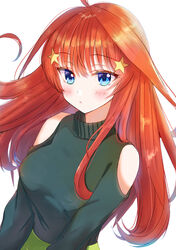  absurdres black_sweater blue_eyes blush closed_mouth clothing_cutout female floating_hair go-toubun_no_hanayome hair_between_eyes hair_ornament highres long_hair long_sleeves nakano_itsuki orange_hair rei_(ilust9999) shoulder_cutout simple_background solo star_(symbol) star_hair_ornament sweater upper_body very_long_hair white_background 