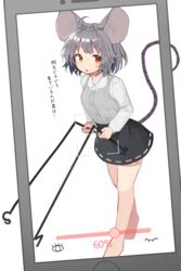  ahoge animal_ears barefoot black_skirt blush bob_cut cellphone cellphone_photo collared_shirt commentary dowsing_rod dress female full_body grey_hair highres holding light_frown long_sleeves looking_at_viewer mamemochi miniskirt mouse_ears mouse_girl mouse_tail nazrin open_mouth phone red_eyes see-through shirt short_dress short_hair skirt smartphone solo standing tail touhou translated white_shirt 