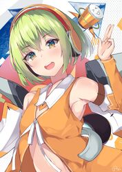  :d absurdres armpits bare_shoulders brown_eyes center_opening chunithm detached_sleeves female flat_chest green_hair hand_up headphones highres long_sleeves looking_at_viewer mushpz nail_polish open_mouth orange_shirt revealing_clothes shirt short_hair sky_feather_(chunithm) smile solo stomach upper_body wing_collar 