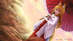  animal_ear_fluff animal_ears blonde_hair blush brown_eyes closed_mouth commentary_request crying crying_with_eyes_open dutch_angle female fox_ears fox_girl fox_tail hair_between_eyes hakama hakama_skirt holding holding_umbrella iroha_(iroha_matsurika) japanese_clothes kimono long_hair long_sleeves miko oil-paper_umbrella original outdoors rain red_hakama red_umbrella skirt smile solo sunset tail tears twitter_username umbrella very_long_hair white_kimono wide_sleeves 