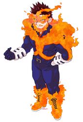  1boy artist_name bad_id bad_twitter_id belt blue_bodysuit bodysuit boku_no_hero_academia brown_hair closed_mouth commentary covered_abs endeavor_(boku_no_hero_academia) facial_hair fiery_hair fire full_body hand_on_own_hip highres looking_at_viewer male_focus mature_male moustache muscular muscular_male pectorals serious shitappa shoes short_hair signature simple_background sneakers solo standing thighs tsurime white_background 