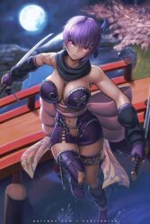  asymmetrical_legwear ayane_(doa) bare_shoulders black_gloves bow breasts bridge cherry_blossoms cross-laced_clothes dead_or_alive detached_sleeves dual_wielding english_commentary female fingerless_gloves full_body full_moon gloves headband holding holding_sword holding_weapon hybridmink knees_together_feet_apart kunai looking_at_viewer moon navel ninja ninja_gaiden official_alternate_costume outdoors patreon_username pink_bow pink_eyes purple_hair short_hair standing standing_on_one_leg sword thigh_strap uneven_legwear water weapon 