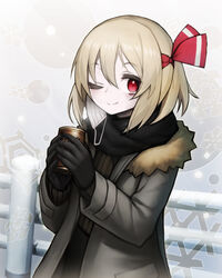  ;) alternate_costume black_gloves black_scarf black_shirt blonde_hair can closed_mouth coat commentary_request female flat_chest fur_trim gloves green_coat grey_background hair_between_eyes hair_ribbon highres holding holding_can looking_at_viewer mask mouth_mask one_eye_closed outdoors railing red_eyes red_ribbon ribbon rumia scarf shirt short_hair smile snowflakes snowing solo spark621 steam surgical_mask touhou unworn_mask upper_body white_mask winter_clothes 