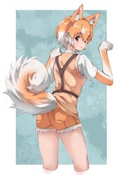  absurdres animal_ears brown_gloves brown_shorts brown_vest commentary cowboy_shot dog_(shiba_inu)_(kemono_friends) dog_ears dog_girl dog_tail elbow_gloves extra_ears female from_behind fur_trim gloves harness highres kemono_friends light_brown_hair looking_at_viewer looking_back multicolored_hair paw_pose red_eyes shirt short_hair short_shorts short_sleeves shorts solo tail tanabe_(fueisei) two-tone_gloves two-tone_hair vest white_fur white_gloves white_hair white_shirt 