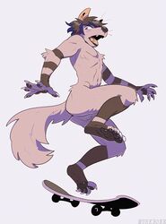  5_fingers anthro avoid_posting canid canine cel_shading digital_media_(artwork) fingers fur hair male mammal midair murkbone nude open_mouth pawpads paws shaded simple_background skateboard solo teeth tongue vehicle 