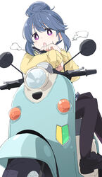  black_footwear black_pantyhose blue_hair bright_pupils commentary female hair_bun ixy looking_at_viewer motor_vehicle motosu_school_uniform on_scooter pantyhose purple_eyes school_uniform scooter shima_rin shoes short_hair shoshinsha_mark simple_background single_hair_bun sitting solo vespa white_background white_pupils yamaha_vino yurucamp 