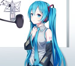  absurdres arm_tattoo black_sleeves blue_eyes blue_hair blue_necktie closed_mouth collared_shirt commentary detached_sleeves female grey_shirt hair_between_eyes hatsune_miku headphones headset highres ille_(xcpa7325) long_hair long_sleeves microphone necktie pop_filter recording_studio shirt sleeveless sleeveless_shirt solo tattoo twintails upper_body very_long_hair vocaloid wing_collar 