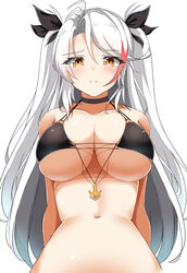  absurdres azur_lane bikini black_bikini black_choker blush breasts calligraphy_brush calligraphy_brush_(medium) choker closed_mouth female flag_print german_flag_bikini graphite_(medium) highres large_breasts long_hair looking_at_viewer moyoron multicolored_hair navel official_alternate_costume paintbrush prinz_eugen_(azur_lane) prinz_eugen_(unfading_smile)_(azur_lane) ribbon side-tie_bikini_bottom simple_background smile solo stomach streaked_hair swimsuit traditional_media two_side_up underboob very_long_hair white_background white_hair 