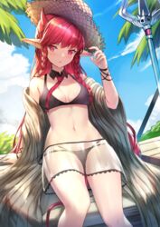  arknights arm_support bare_legs bikini black_bikini blue_sky braid breasts brown_hat cleavage collarbone day demon_girl demon_horns detached_collar feet_out_of_frame female hat highres horns leaning_back long_hair long_sleeves medium_breasts miniskirt navel necktie off_shoulder official_alternate_costume outdoors palm_tree pointy_ears polearm red_eyes red_hair red_necktie rui_rubellent see-through sitting skirt sky solo spear stomach straight_hair straw_hat swimsuit tree twin_braids very_long_hair vigna_(arknights) vigna_(casual_vacation)_(arknights) weapon wide_sleeves 