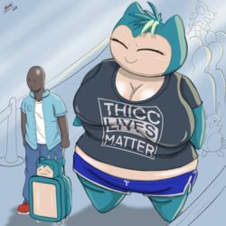  airport anthro athletic_wear big_breasts blue_background blue_clothing blue_shirt blue_topwear bottomwear breasts clothing dark_body dark_skin denim denim_bottomwear denim_clothing drow462 duo female fur generation_1_pokemon green_body green_fur green_hair gym_bottomwear gym_shorts hair head_tuft hi_res huge_breasts human jeans larger_female lenny_face male mammal meme multicolored_body multicolored_fur nidoqueen nintendo nipple_outline obese overweight pants pokemon pokemon_(species) raichu shirt shorts simple_background size_difference smaller_male snorlax snorlax_gf_(word360) standing standing_in_line suitcase t-shirt tan_body tan_fur text text_on_clothing text_on_shirt text_on_topwear topwear tuft two_tone_body two_tone_fur unbuttoned_shirt 