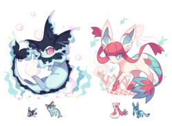  bad_id bad_tumblr_id blue_eyes charamells commentary english_commentary full_body fusion glaceon highres lumineon milotic multiple_fusions no_humans pink_eyes pokemon pokemon_(creature) simple_background standing vaporeon white_background 