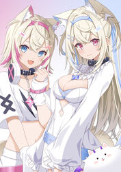  2girls animal_collar animal_ear_fluff animal_ears bandaid bandaid_hair_ornament belt black_collar blonde_hair blue_belt blue_eyes blue_hair blue_hairband breasts center_frills cleavage cleavage_cutout closed_mouth clothing_cutout collar collarbone cropped_shirt crossed_bangs cutout_above_navel detached_collar divergenceok dog_ears dog_girl dog_tail double-parted_bangs dress fake_horns flat_chest frilled_shirt_collar frilled_sleeves frills fuwawa_abyssgard fuwawa_abyssgard_(1st_costume) hair_between_eyes hair_intakes hair_ornament hairband hairclip headphones headphones_around_neck highres hololive hololive_english horns large_breasts long_hair mococo_abyssgard mococo_abyssgard_(1st_costume) multicolored_hair multiple_girls navel oerba_yun_fang open_mouth perroccino_(fuwamoco) pink_belt pink_eyes pink_hair pink_hairband shirt short_hair siblings sisters skin_fang spiked_collar spikes streaked_hair t-shirt tail twins two_side_up virtual_youtuber white_dress white_shirt x_hair_ornament 