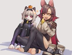  2girls animal_ears bare_shoulders bat_ears bat_girl black_bodysuit black_pantyhose bodysuit boots brown_hair capybara_ears capybara_girl ear_covers eating english_commentary fangs feet flipped_hair food food_on_head fruit fruit_on_head gradient_legwear grey_hair highres hip_vent holding holding_food holding_fruit indian_style k-rha&#039;s kaine_(rayer) knees_up legs long_hair long_sleeves multicolored_hair multiple_girls no_shoes object_on_head on_ground orange_eyes original pantyhose pear persimmon red_eyes shadow shoes short_hair simple_background sitting sleeves_past_fingers sleeves_past_wrists soles sparkle stirrup_legwear streaked_hair thighhighs toeless_legwear toenails toes unworn_boots unworn_shoes white_background 