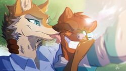  16:9 anthro canid canine canis duo eyewear fan_character female glasses glasses_askew hi_res interspecies kissing kissing_cheek legend_of_ahya licking male male/female mammal murana_wolford_(darkflame-wolf) mustelid otter pandashk selfie tongue tongue_out widescreen wolf 