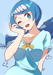  34_(sanjushi) blue_eyes blue_hair blush breasts female freckles hair_ornament highres lana&#039;s_mother_(pokemon) long_hair looking_at_viewer mature_female one_eye_closed open_mouth pokemon pokemon_(anime) pokemon_sm_(anime) simple_background smile solo 