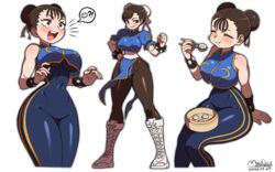  !? :d absurdres arm_support bad_id bad_pixiv_id bare_shoulders blush bodysuit boots bracelet breasts brown_eyes brown_hair bun_cover china_dress chinese_clothes chun-li clenched_hand closed_eyes closed_mouth covered_navel cowboy_shot cross-laced_footwear double_bun dress drooling eating female food full_body hair_bun hair_ribbon heart heart-shaped_pupils highres jewelry large_breasts maydaykiki pantyhose puffy_sleeves ribbon simple_background sitting smile speech_bubble spiked_bracelet spikes standing street_fighter street_fighter_ii_(series) street_fighter_zero_(series) symbol-shaped_pupils teeth upper_teeth_only white_background white_footwear wide_hips 