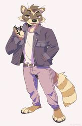  5_fingers anthro avoid_posting black_nose claws clothed clothing digital_media_(artwork) fingers fur male mammal murkbone pawpads paws procyonid raccoon simple_background smile solo standing teeth tongue whiskers 