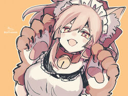  :d animal_ear_fluff animal_ears animal_hands apron bell black_dress blush_stickers bow breasts brown_background brown_gloves brown_hair collar commentary_request dress eyebrows_hidden_by_hair fate/grand_order fate_(series) female fox_ears gloves hair_between_eyes hairbow hands_up highres jingle_bell looking_at_viewer maid medium_breasts neck_bell oerba_yun_fang open_mouth outline paw_gloves puffy_short_sleeves puffy_sleeves red_bow red_collar short_sleeves signature smile sofra solo tamamo_(fate) tamamo_cat_(fate) tamamo_cat_(second_ascension)_(fate) twitter_username upper_body white_apron white_outline yellow_eyes 