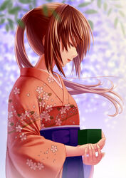  ayase_chihaya blurry blurry_background brown_hair card chihayafuru closed_eyes female floating_hair floral_print from_side hair_between_eyes hakama high-waist_skirt highres holding holding_card japanese_clothes kimono koko_(koko3) long_hair open_mouth orange_kimono print_kimono purple_hakama skirt solo upper_body 