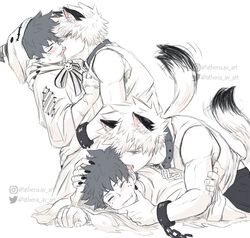  2boys animal_collar animal_ears artist_name athena_av bakugou_katsuki bare_shoulders blush boku_no_hero_academia collar dog_boy dog_ears dog_tail freckles ghost_costume greyscale highres licking licking_ear licking_lips lying lying_on_person male_focus midoriya_izuku monochrome multiple_boys nail_polish neck_ribbon official_alternate_costume on_stomach pants ribbon shirt short_hair tail tail_wagging tongue tongue_out watermark yaoi 