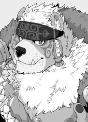  2020 accessory anthro bear facial_markings facial_scar greyscale head_markings headband hi_res kimun_kamui_(tas) kmd023 lifewonders male mammal markings monochrome pawpads scar solo tokyo_afterschool_summoners 