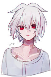  1boy aida_yuuya bakara_(19083210) bandaid bandaid_on_chest bandaid_on_neck highres looking_at_viewer male_focus ookami_game_(studio_wasabi) open_mouth red_eyes scar scar_on_neck shirt short_hair solo translation_request white_hair white_shirt 