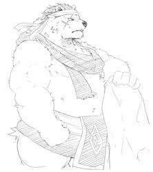  5_fingers accessory anthro bear biceps biped claws clothed clothing facial_scar fingers gindan hair headband hi_res male mammal monochrome razorclaw_(sdorica_sunset) scar sdorica solo topless 