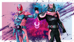  2boys armor clenched_hand commentary cowboy_shot fist_bump highres kamen_rider kamen_rider_revi kamen_rider_revice kamen_rider_vice male_focus multiple_boys revice_driver rex_genome rider_belt scarf splatter_background tsubasansan vistamp 