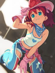  armpits belt blue_scarf breasts cleavage commentary_request cowboy_hat cowboy_western female gloves green_eyes hair_ribbon hand_up hat heart heart_on_chest highres holster kneeling looking_at_viewer midriff navel om_(nk2007) pink_belt pink_gloves pink_hat pink_ribbon red_hair ribbon saru_getchu sayaka_(saru_getchu) scarf shirt short_hair sleeveless sleeveless_shirt small_breasts solo star_(symbol) white_shirt 