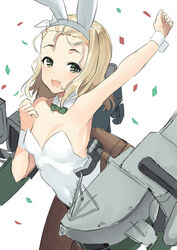  akagi_kurage alternate_costume animal_ears arm_up black_pantyhose blonde_hair blush breasts confetti detached_collar fake_animal_ears female green_eyes hairband highres kantai_collection leotard luigi_torelli_(kancolle) open_mouth pantyhose playboy_bunny rabbit_ears rigging short_hair simple_background small_breasts solo white_background white_leotard wrist_cuffs 