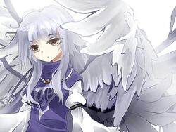  angel angel_wings blue_dress breasts commentary_request dress feathered_wings female grey_hair juliet_sleeves long_hair long_sleeves multiple_wings parted_lips puffy_sleeves red_eyes sariel_(touhou) seraph shinjitsu_no_kuchi small_breasts touhou touhou_(pc-98) very_long_hair white_wings wide_sleeves wings 