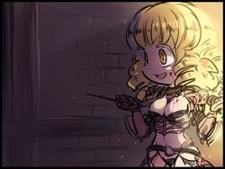  arm_blade armor bikini_armor black_border blonde_hair blood blood_on_face blood_on_weapon border breasts chibi cleavage commentary_request cowboy_shot drill_hair drill_sidelocks female gauntlets guillotine_cross_(ragnarok_online) holding holding_knife knife large_breasts long_hair looking_afar love_morocc navel open_mouth pauldrons protected_link ragnarok_online red_armor red_pupils shoulder_armor shrug_(clothing) sidelocks smile solo weapon 