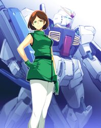  absurdres belt black_belt brown_hair commentary emma_sheen female gloves glowing glowing_eye green_eyes green_gloves green_jacket gundam gundam_mk_ii hand_on_own_hip highres ishiyumi jacket mecha mobile_suit pants pantyhose robot science_fiction short_hair sleeveless sleeveless_jacket smile v-fin white_pants zeta_gundam 